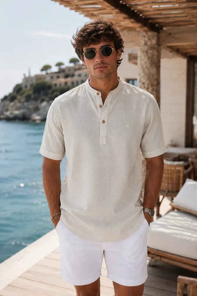 Camisa Masculina Manga Curta Bata Linho Deluxe