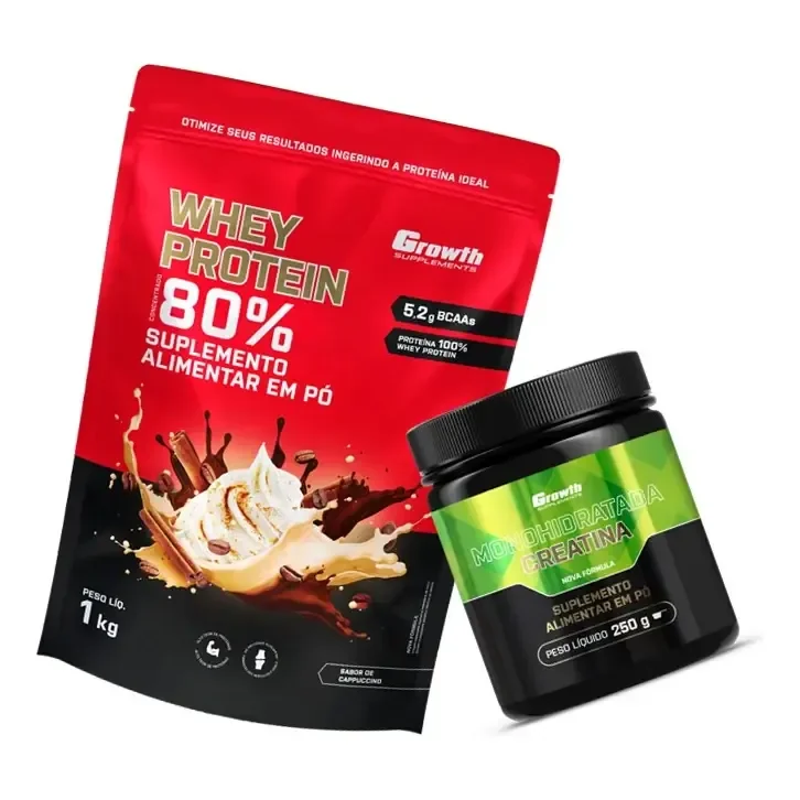 ✨Kit Growth: Whey Protein Capuccino 1kg + Creatina Monohidratada 250g Sem Sabor✨️