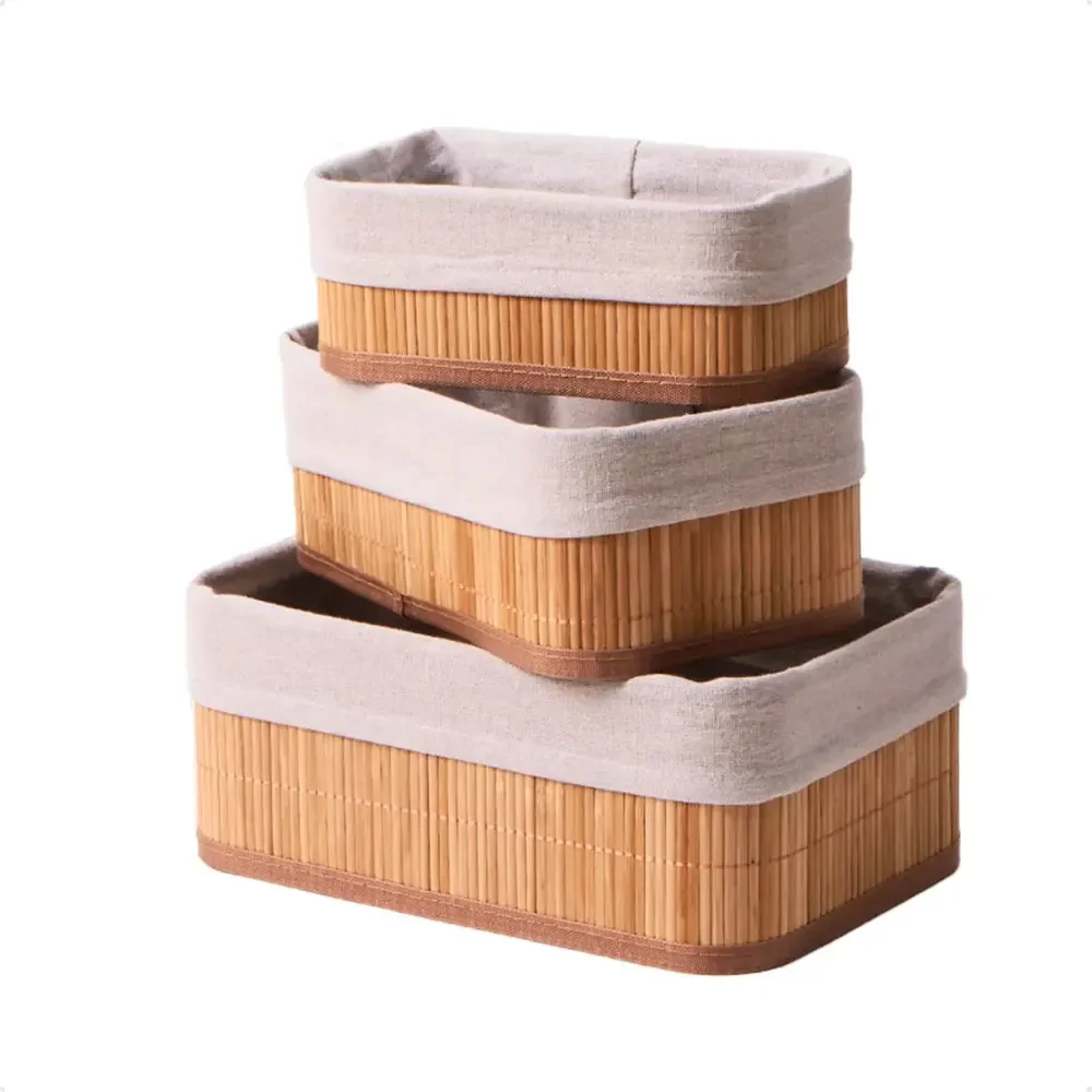 Kit com 3 Cestos Organizador De Bambu Multiuso Com Forro