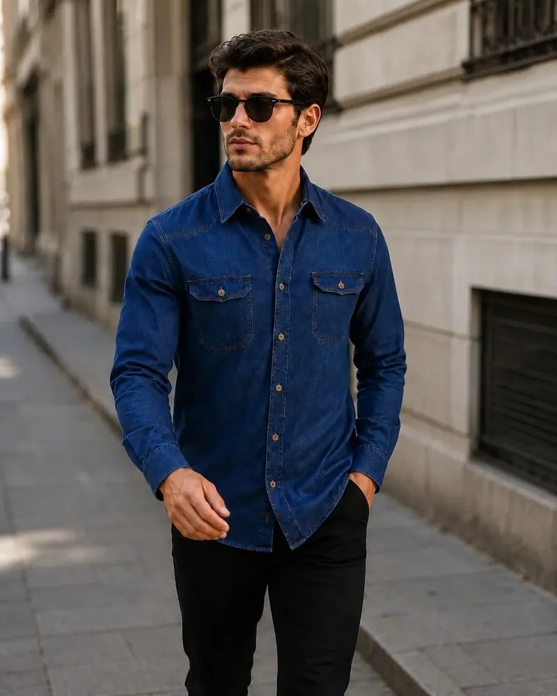 Camisa Jeans  Social Slim Manga Longa
