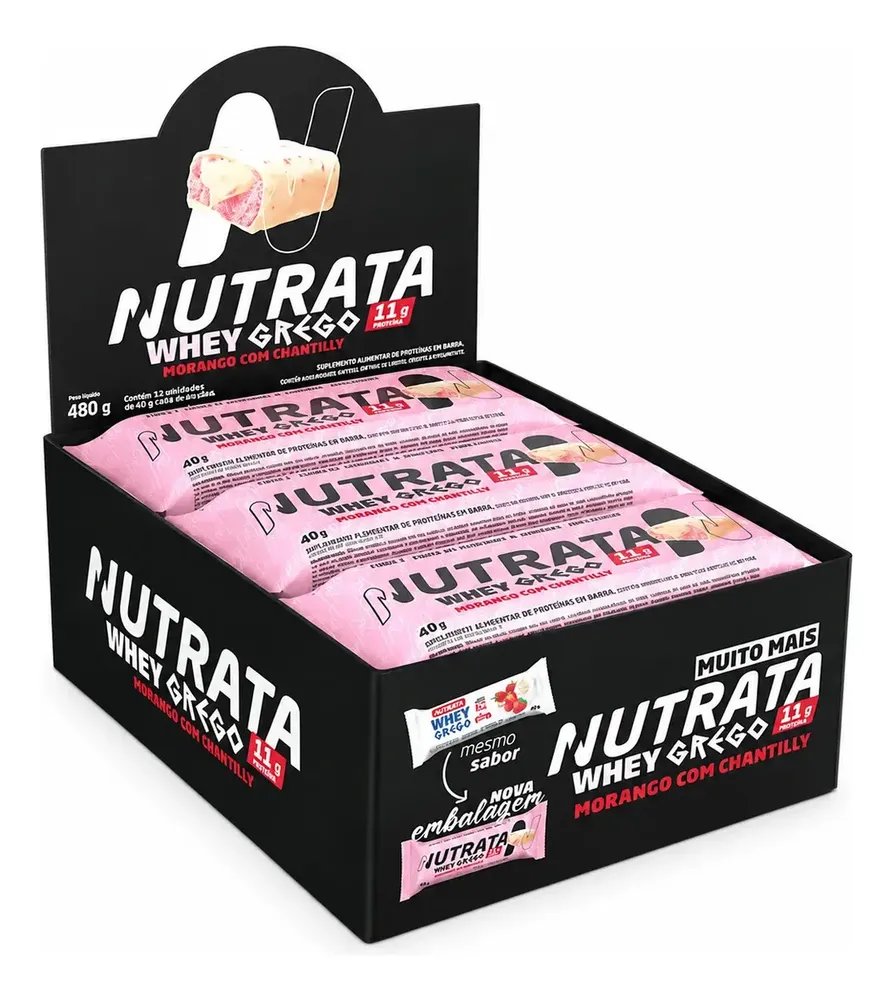 Caixa com 12 Barras Nutrata Whey Grego 40g Morango com Chantilly