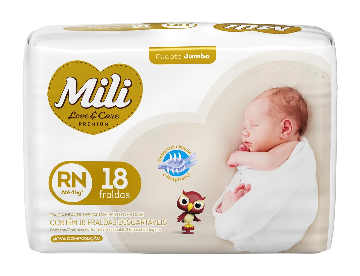 ✨Mili Fralda Infantil Love & Care Recém Nascido RN, Alta Absorção, Ajuste Confortável, 18 Unidades✨️
