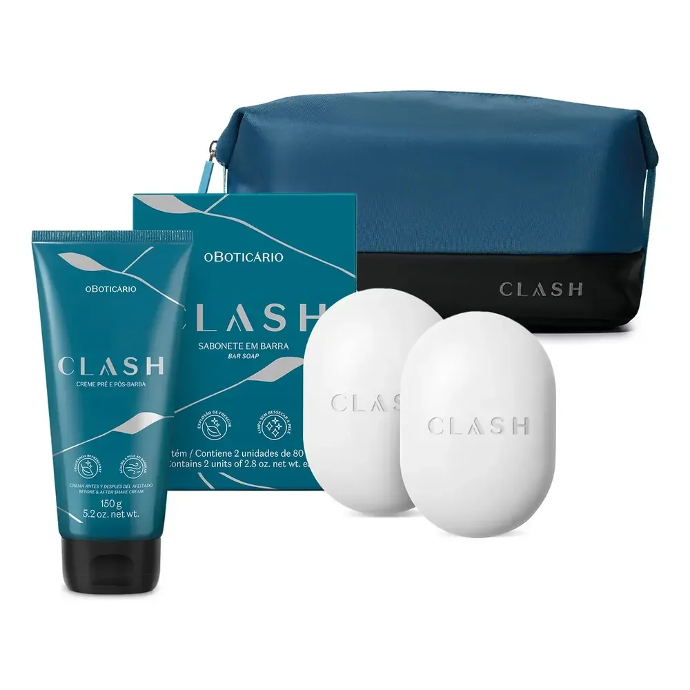 Kit Boticário Clash - 1 Creme Pré e Pós Barba - ⁠2 Sabonete em Barra 80g - ⁠1 Nécessarie