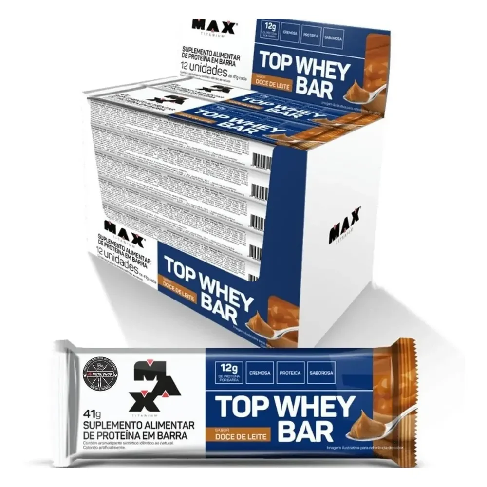 ✨Barra De Proteína 12 Unidades Top Whey Bar Max Titanium Amendoim Alto Proteico Sabor Doce De Leite✨️