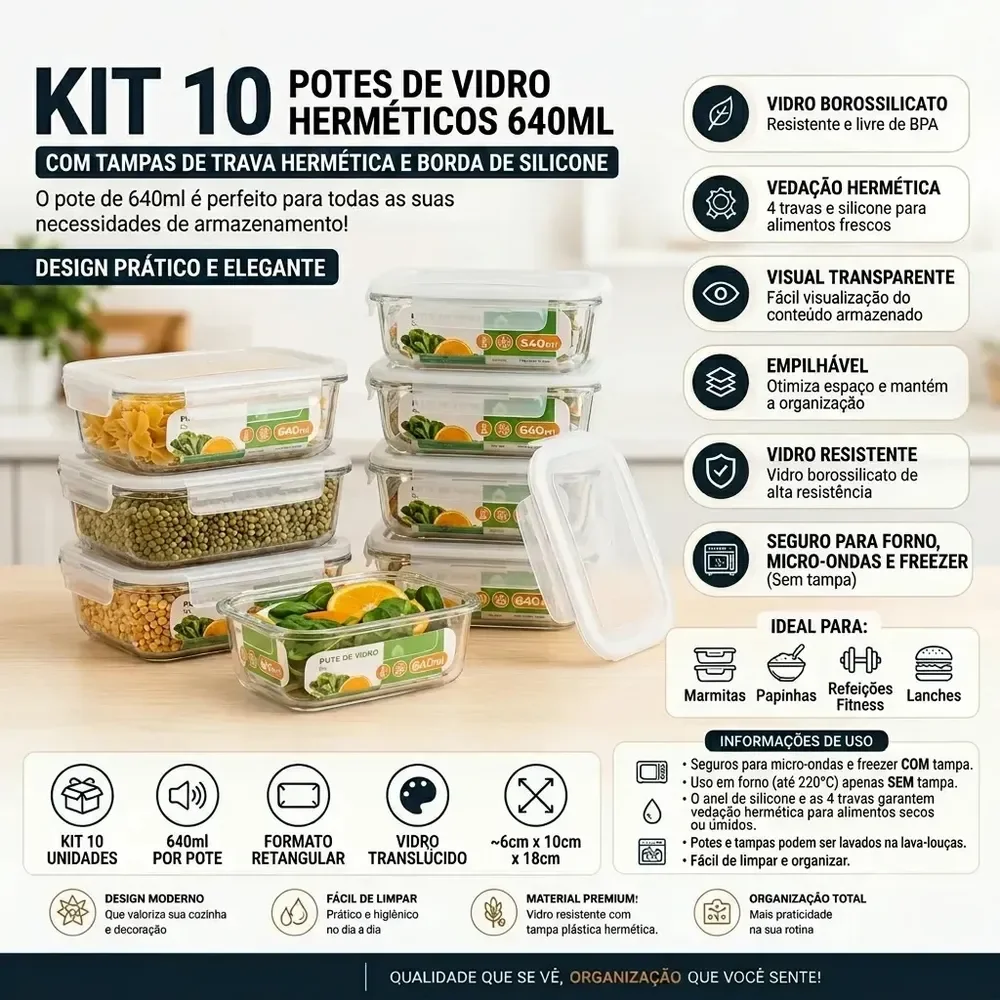 Kit 10 Potes de Vidro Marmita 640ml