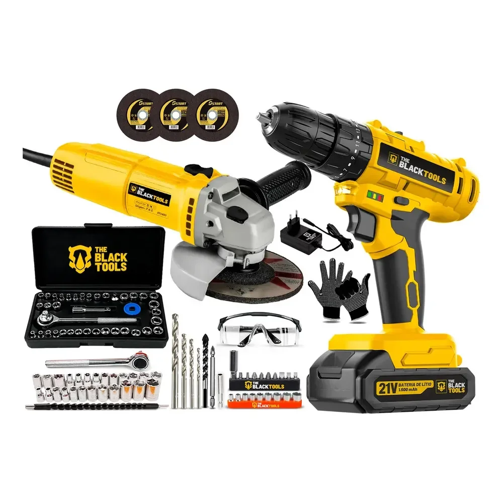 Parafusadeira De Impacto A Bateria 21v + Esmerilhadeira Angular 780w 4.1/2  E Jogo De Soquetes 40 Peças The Black Tools Amarelo 127v 60hz
