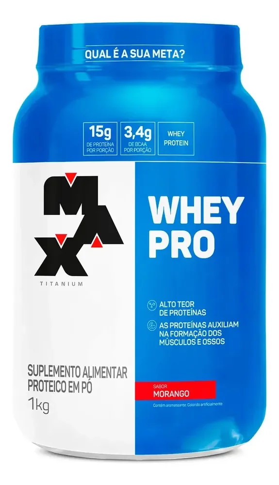 Whey Protein 1kg Whey Pro Max Titanium Sabor Morango BCAA e Aminoácidos