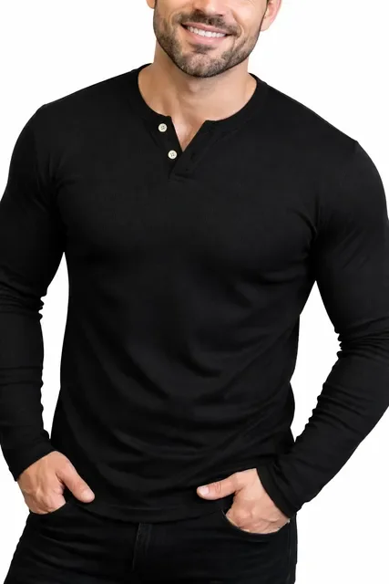 ⚫️ Camiseta Henley Masculina Manga Longa Slim 2 Botões Casual