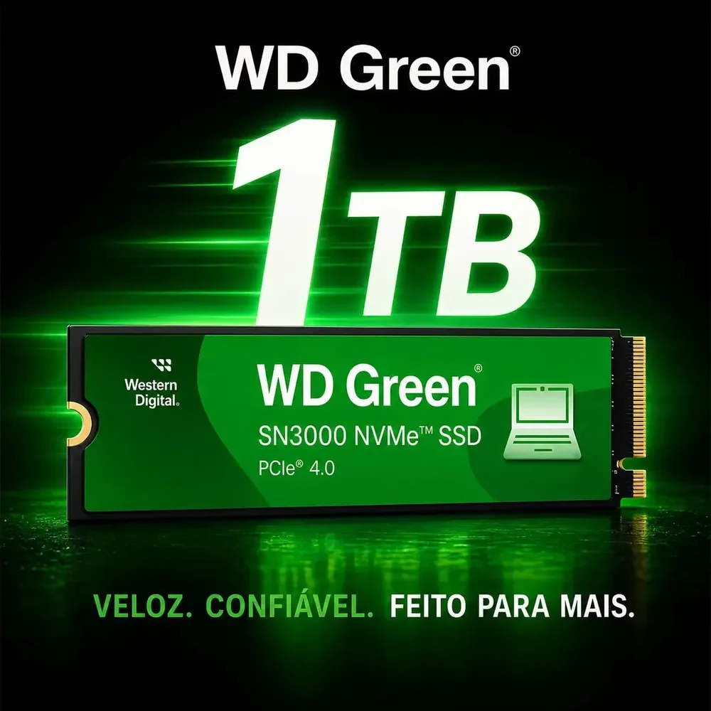 SSD 1TB M.2 NVMe PCIe 4.0 Western Digital Sn3000 Velocidade de Leitura e Gravação 5000/4200 MB/s WDS100T4G0E-00CPS0