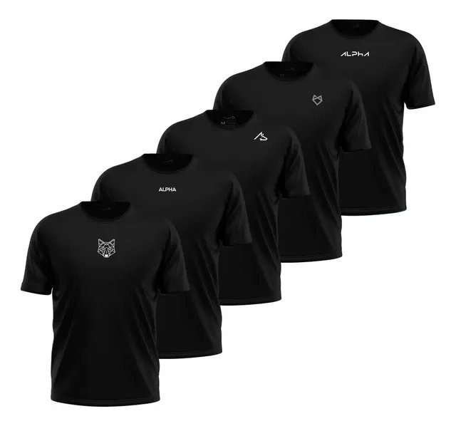 Kit com 5 Camisetas Dry All Black Alpha