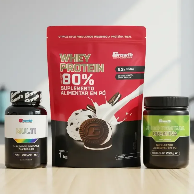 ✨Kit Growth: Whey Protein Cookies And Cream 1kg + Multivitamínico 120 Cáps + Creatina 250g✨️
