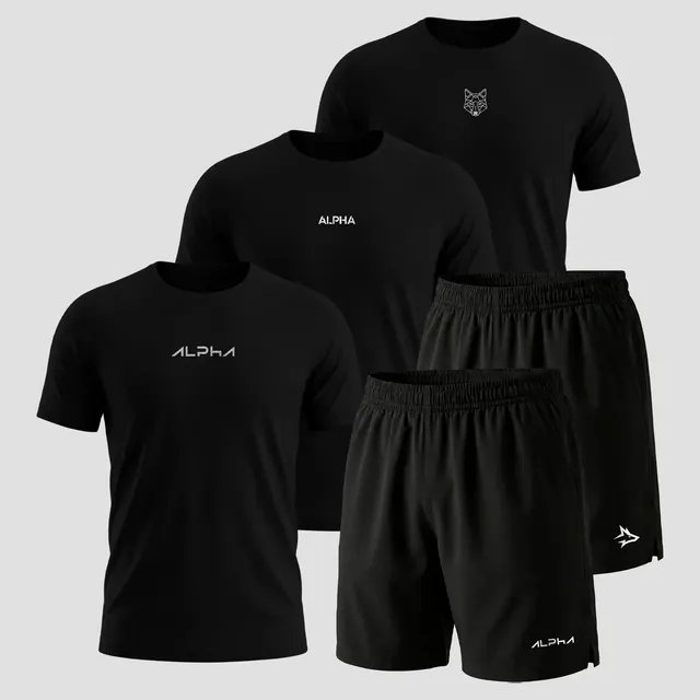 Kit 5 Peças All Black Dry 3 Camisetas E 2 Bermudas Alpha (P ao GG)