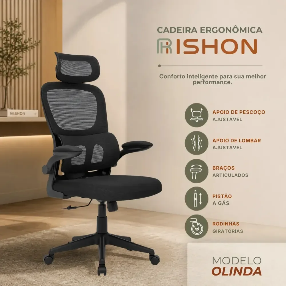 Cadeira Escritório Ergonômica Giratoria Reclinavel Olinda RSH500 Rishon Cor Preto Com Suporte…