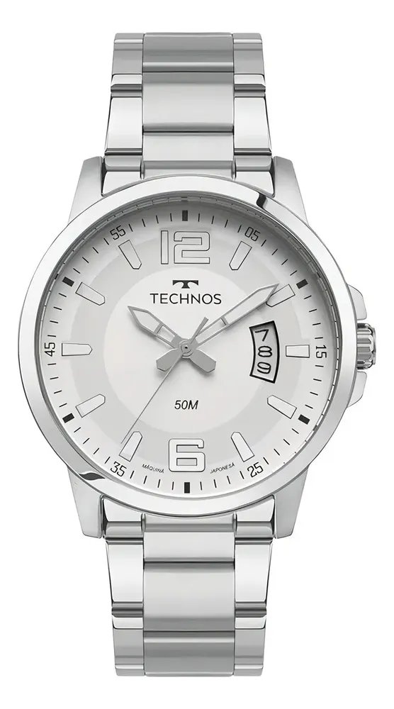 Relogio Technos Racer Prata Masculino Branco Aco 2315lar1a