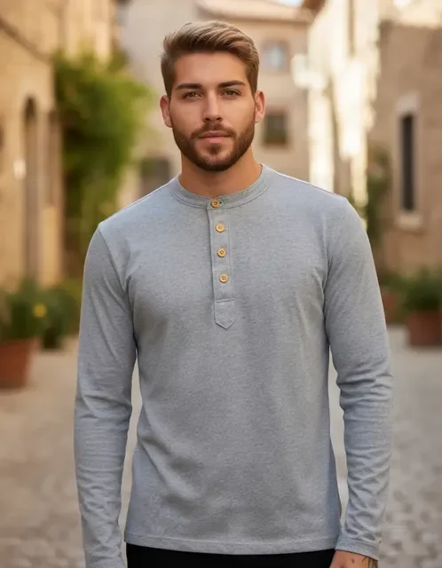 Camisa Henley Masculina De Malha Ecológica Mangas Compridas