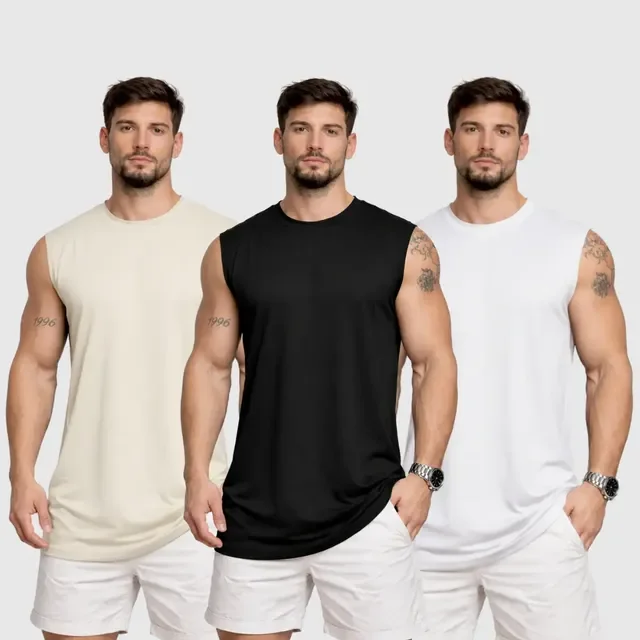 Kit 3 Regata Machão Oversized Masculino Lisa 100% Algodão
