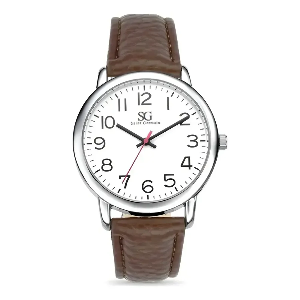 Relógio Chrowl Prateado Saint Germain Correia Couro Marrom 40mm