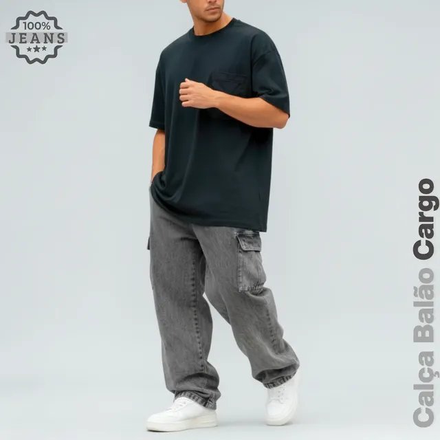 Calça Jeans Cargo Masculina Streetwear Preta Mescla (P ao GG)