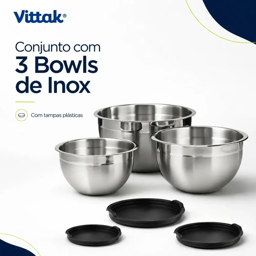 Vittak Conjunto 3 Bowls de Inox com Tampas Plásticas