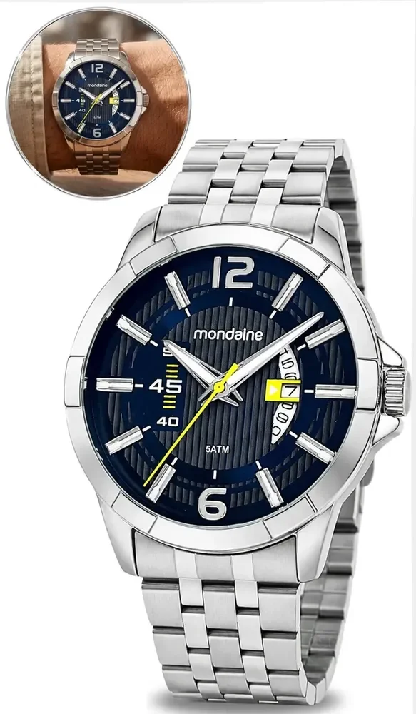 Relógio Mondaine Masculino Prata Analógico Aco Inoxidável Fundo Azul Calendário Casual Elegante…