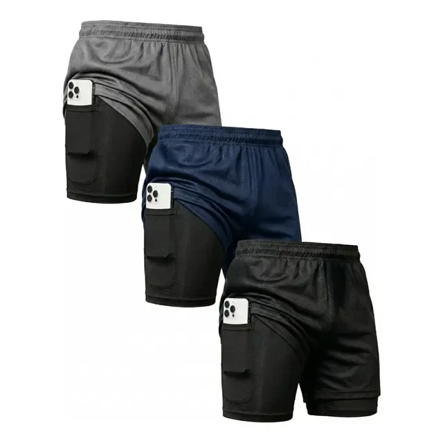 Kit com 3 Shorts 2 Em 1 Duplo Bolso Para Academia Treino Corrida