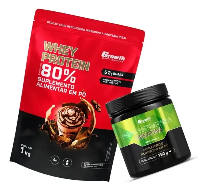 ✨Kit Growth: Whey Protein Milkshake Chocolate 1kg + Creatina Monohidratada 250g Sem Sabor✨️