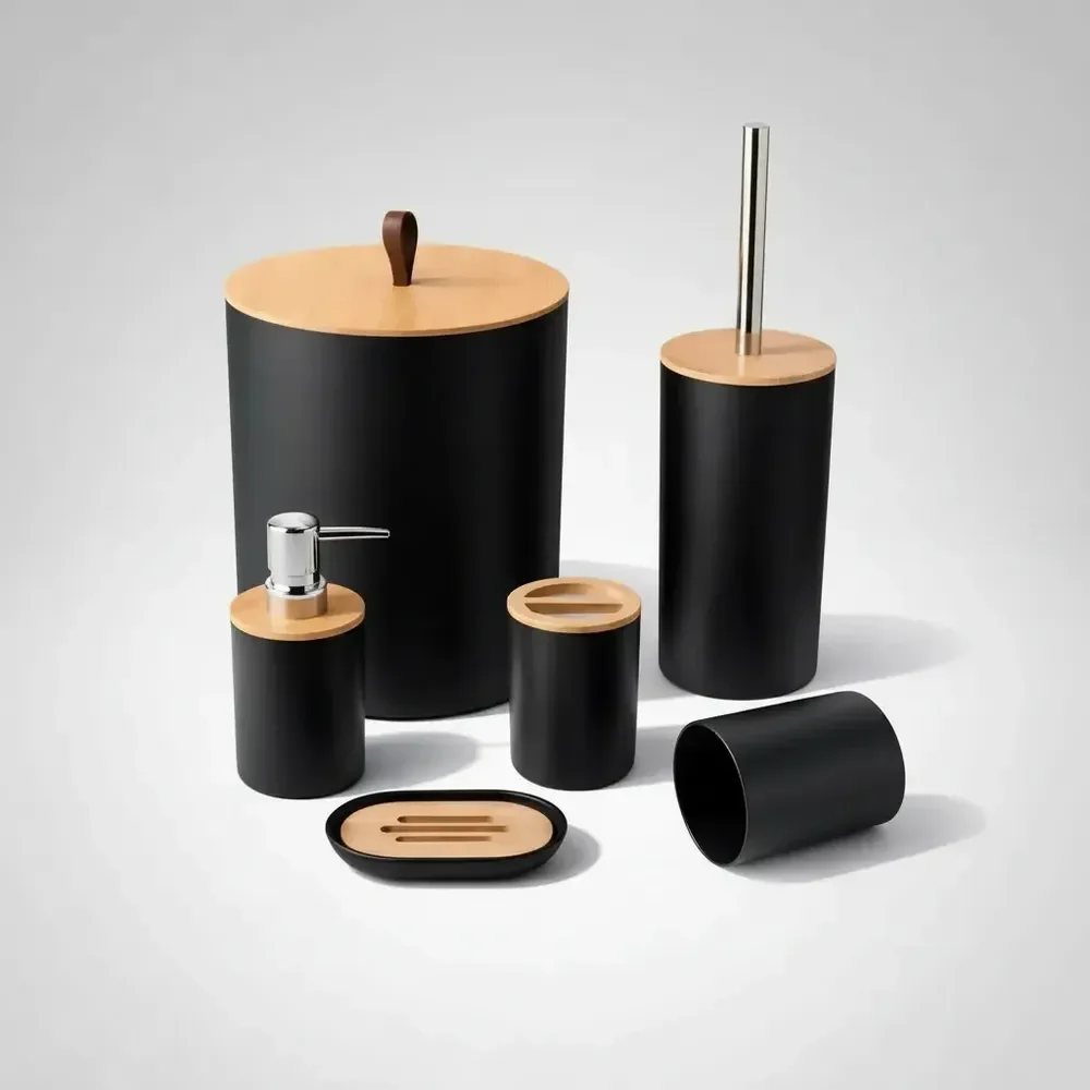 Kit Banheiro 6 Peças Clink Branco Bambu Com Lixeira E Porta Escova