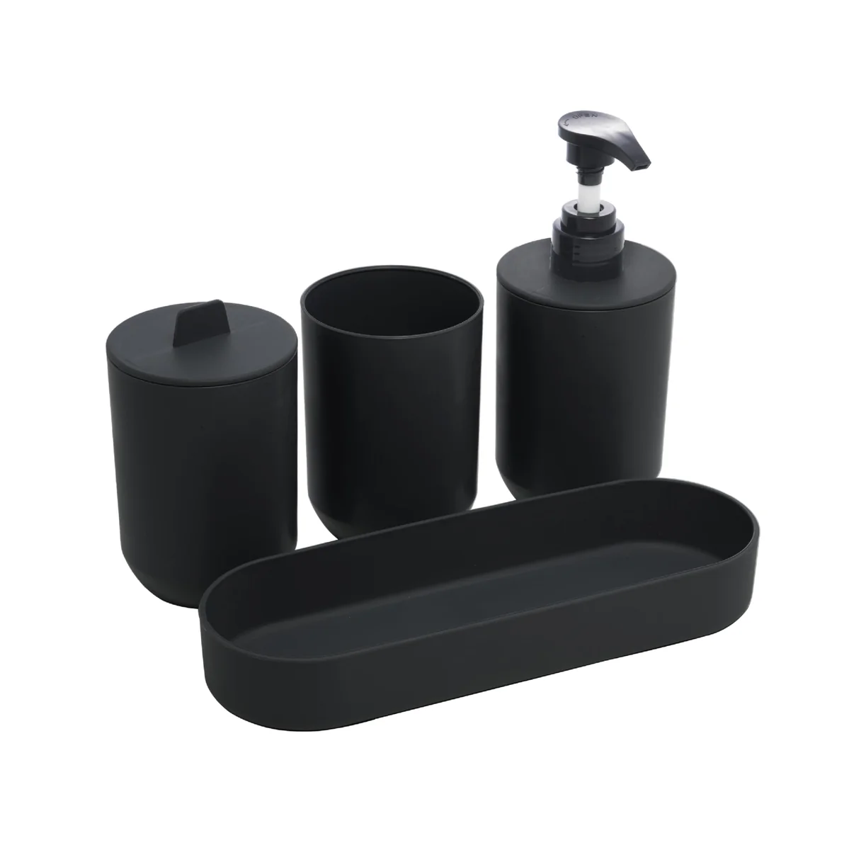 LYOR - Conjunto 4 Peças de Bambu e PP para Banheiro Preto - Porta-sabonete líquido, Porta-escova de dentes, Saboneteira, Porta Algodão
