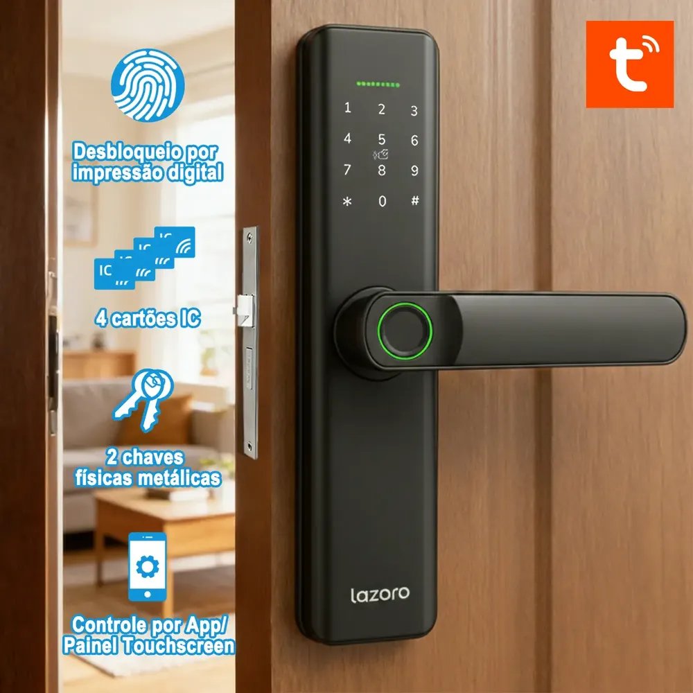 Fechadura Eletronica Digital Com Biometria, Senha, Cartão Ic E Tuya App Bluetooth LAZORO LAM-525B ​