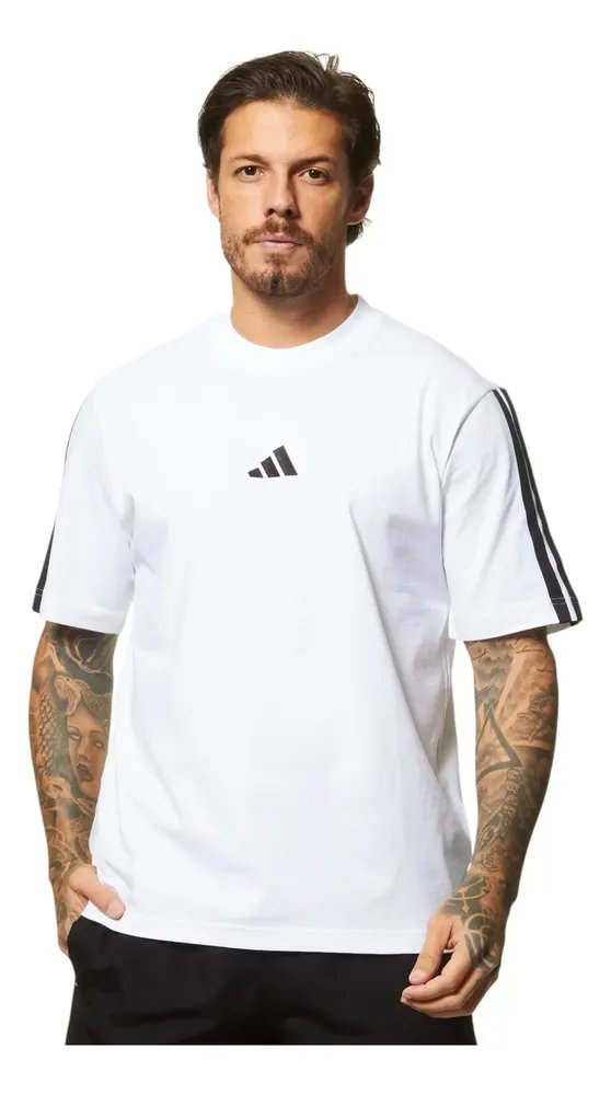 Camiseta Casual Masculina Essentials Três Listras adidas White / Black Liso M