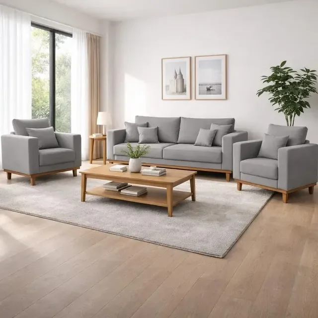 Kit 2 Poltronas Living + Sofá 3 Lugares Base Madeira Linho (3 cores)