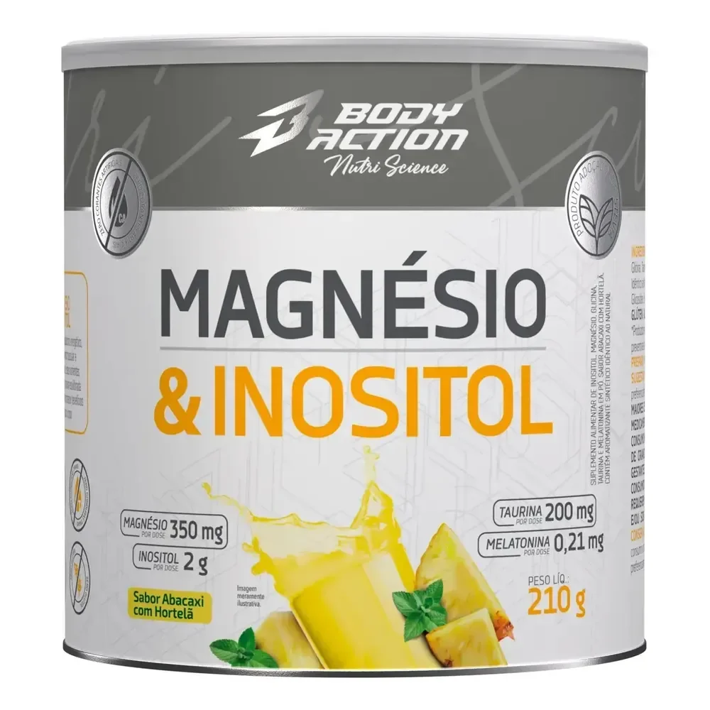 Magnésio E Inositol Taurina Melatonina 210g Bodyaction Sabor Abacaxi Com Hortelã