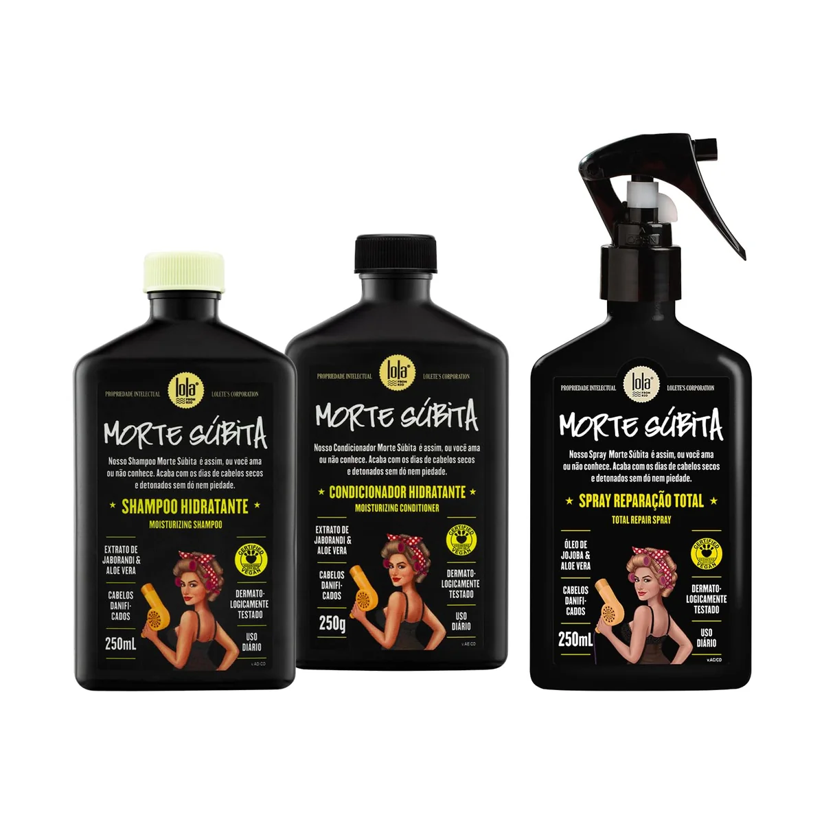 Kit Morte Súbita Lola •⁠  ⁠Shampoo 250ml •⁠  ⁠Condicionador 250g •⁠  ⁠Spray Reparaçao 250ml