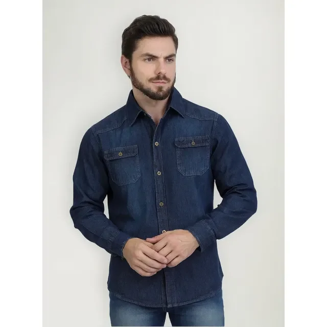 Camisa Social Jeans Manga Longa