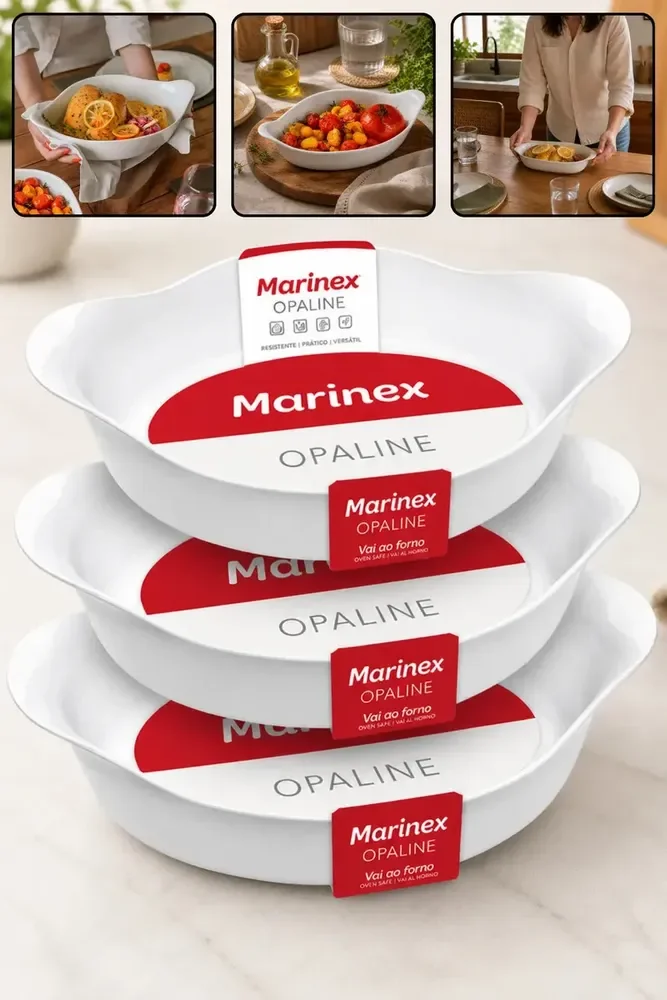 Kit com 3 Travessas Marinex Opaline Oval 3 Tamanhos Forma De Vidro Temperado