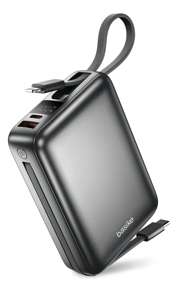 Carregador Portátil Power Bank Basike 20000mAh 22.5W Rápido Cabos Embutidos Tipo C iPhone Samsung