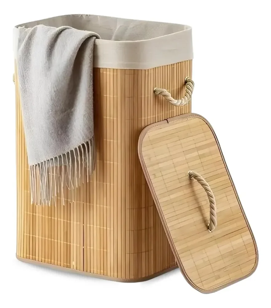 Cesto de Roupa Suja de Bambu com Tampa e Alças 60L