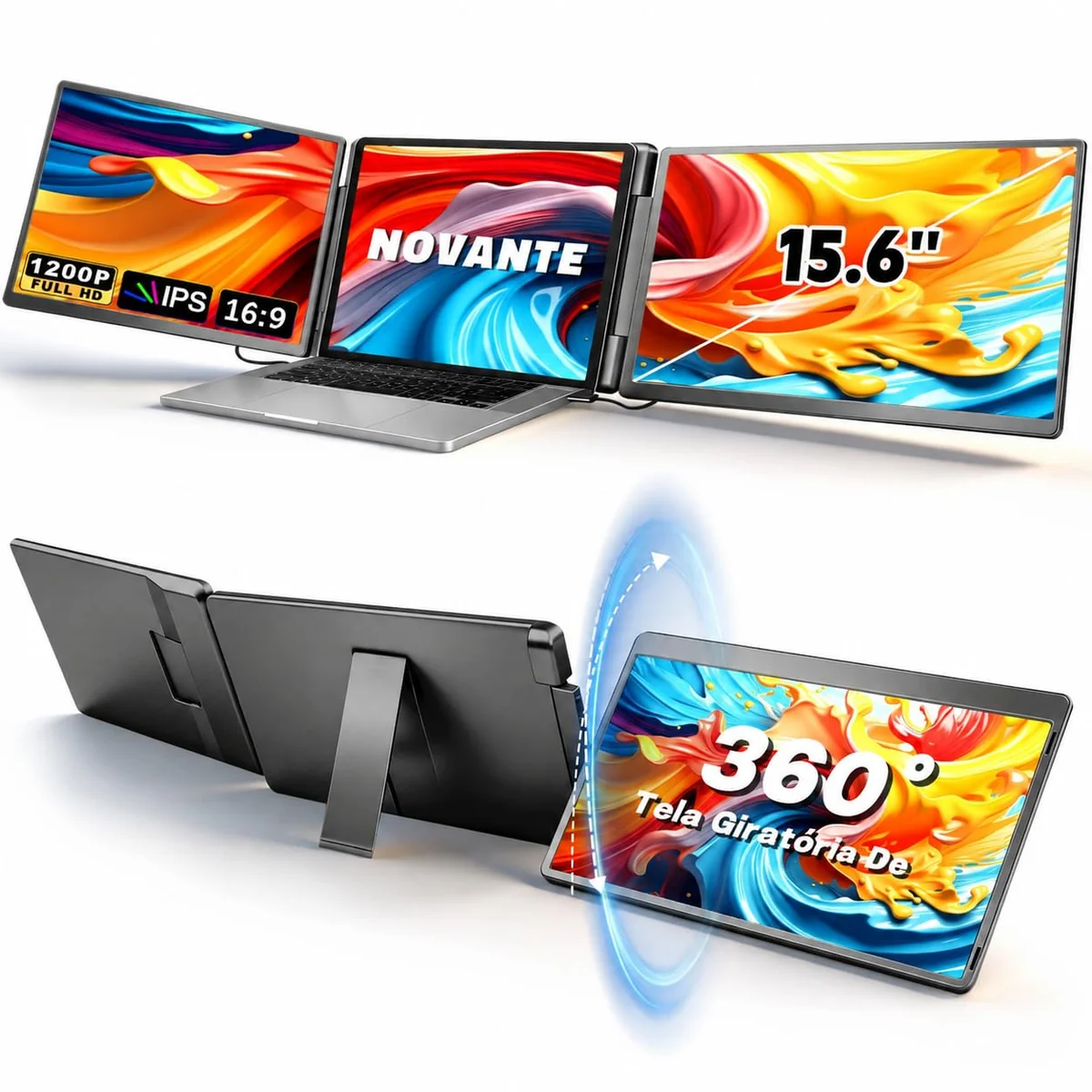 Monitor Duplo Portátil para Notebook 15.6" - Expansor de Telas Triplo com Design 360°, Baixa Luz Azul, Tela IPS FHD 1080p 60Hz, Compatível com Windows/Mac/Switch (Cabos Inclusos)