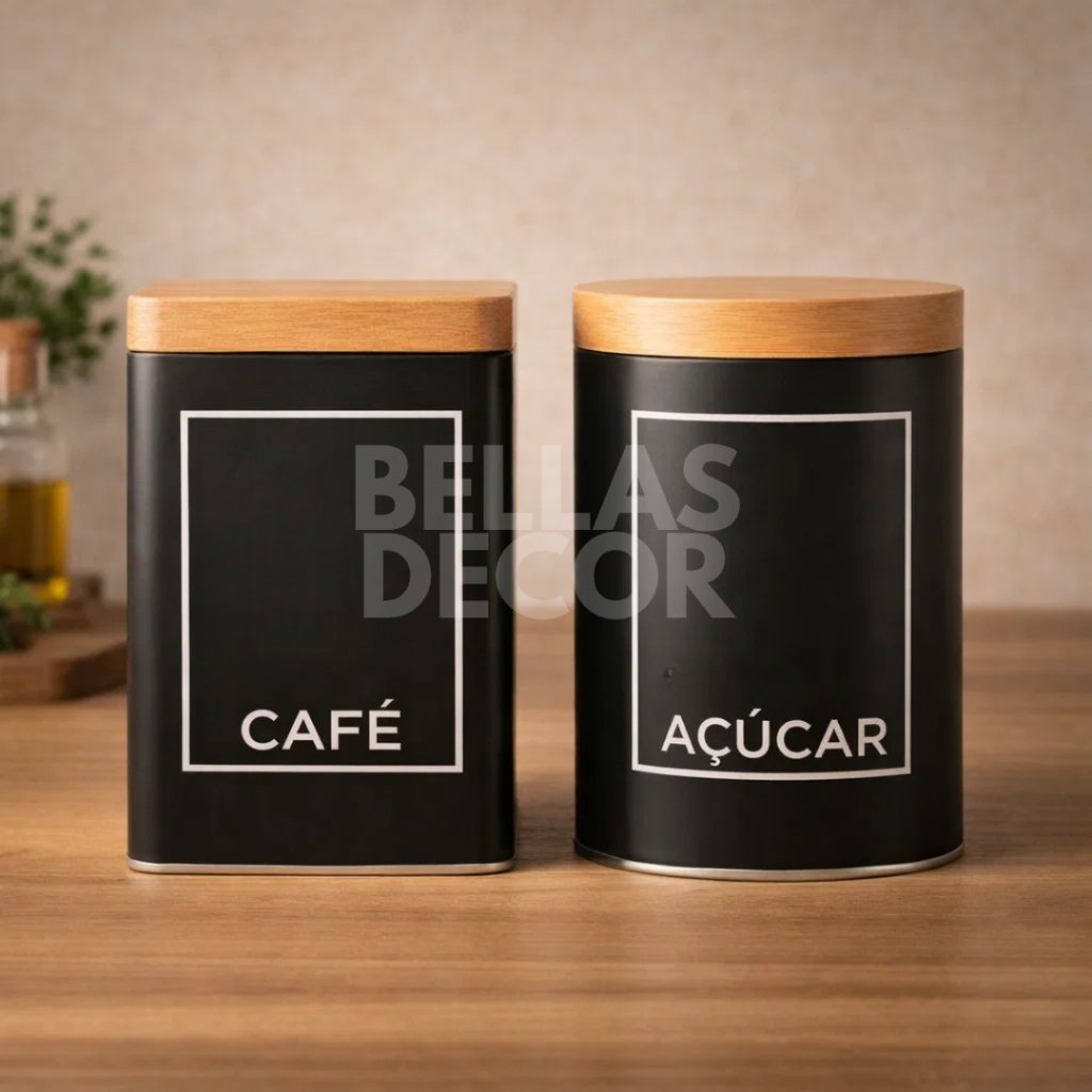 Porta Café e Açúcar 2 Potes Herméticos Preto Fosco com Tampa de Bambu Organizador Cozinha