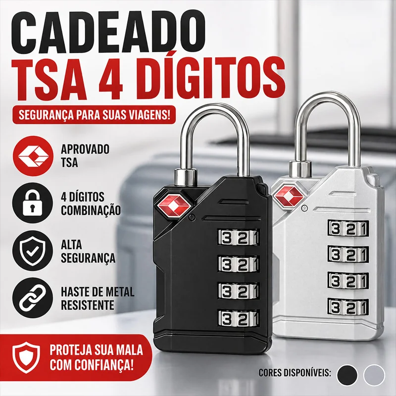 Cadeado TSA 4 Dígitos com Haste de Metal Senha para Mala Viagem Bagagem Academia Alta Segurança Durável
