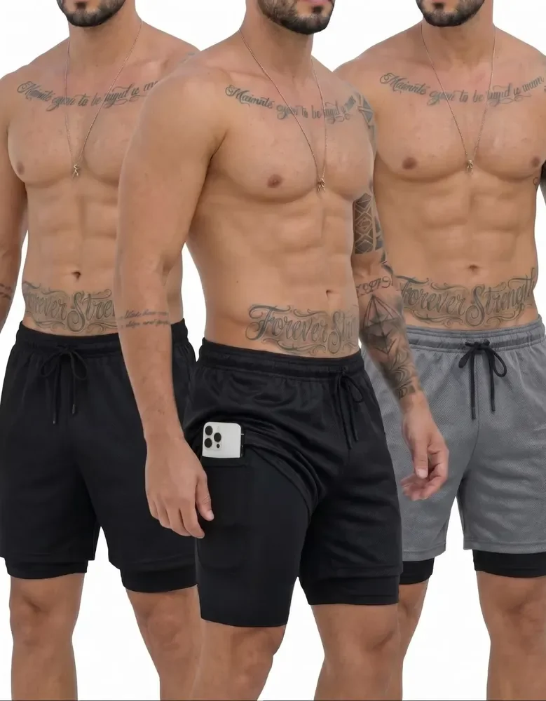 Kit 3 Shorts 2 Em 1 Duplo Bolso Para Academia Treino Corrida