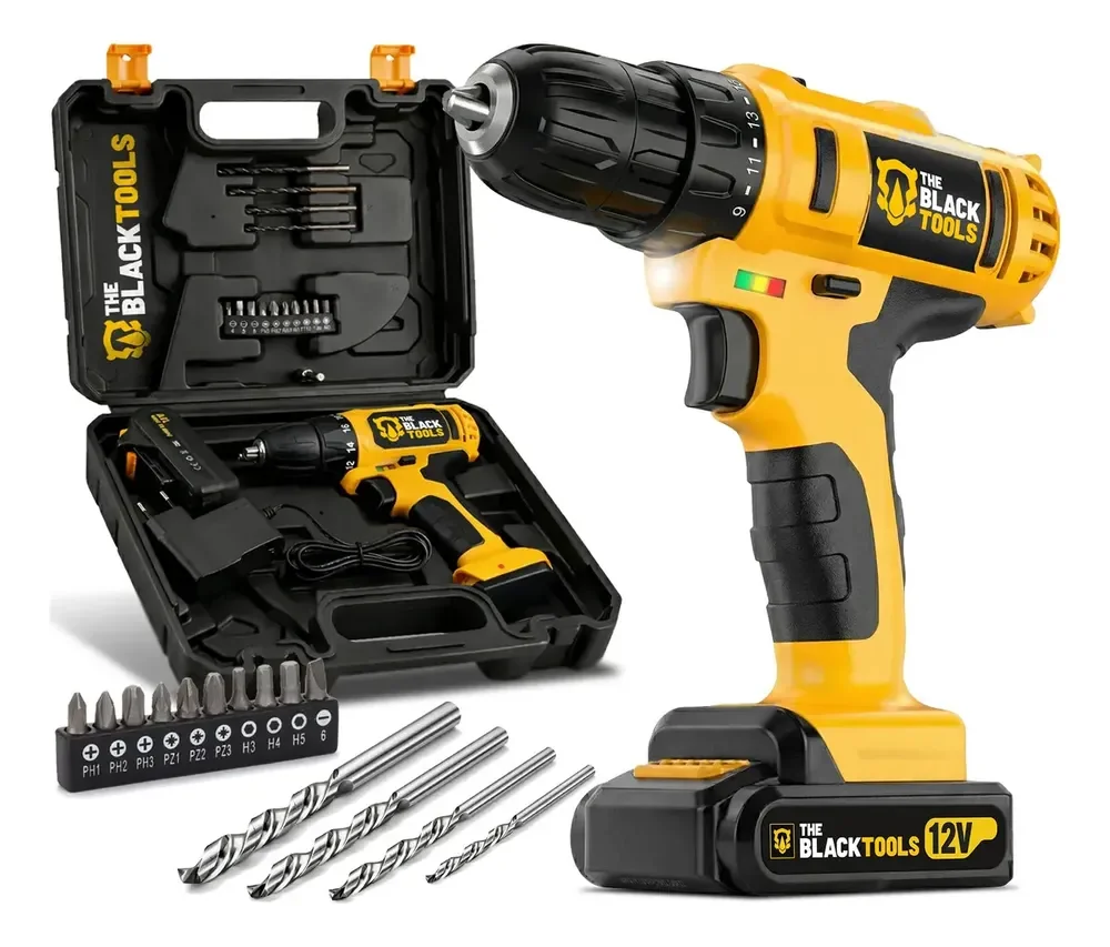 Furadeira Parafusadeira Sem Fio A Bateria Tb-12e 12v 3/8 10mm Com Maleta The Black Tools