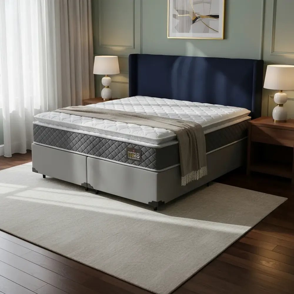 Cama Box Queen + Colchão De Espuma D45 C/ Pillow Top Cor Cinza