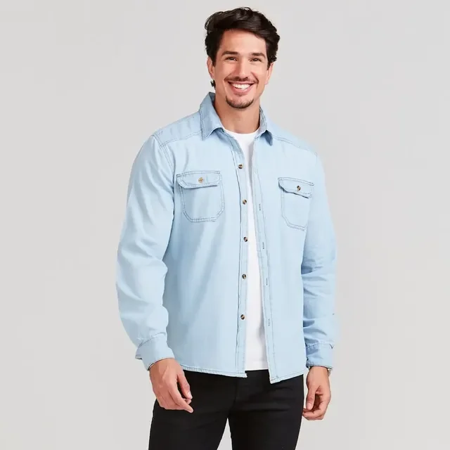 Camisa Jeans Social Slim Manga Longa
