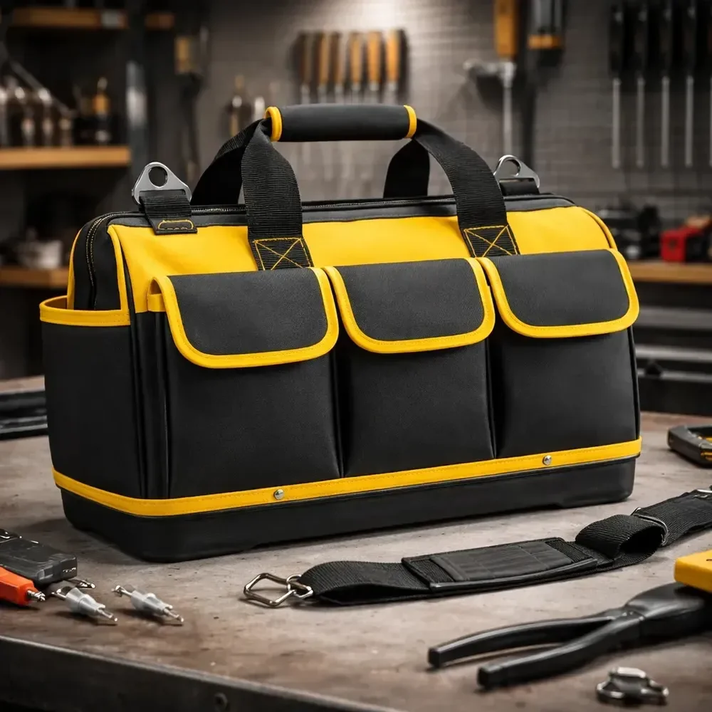 Bolsa Maleta De Ferramentas Grande Reforçada 16 Bolsos Para Eletricista E Profissionais - Fundo Firme Em Borracha - Preto E Amarelo Travunker