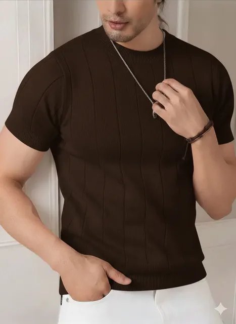 Blusa Masculina Básica Manga Curta Canelada Tricot Modal