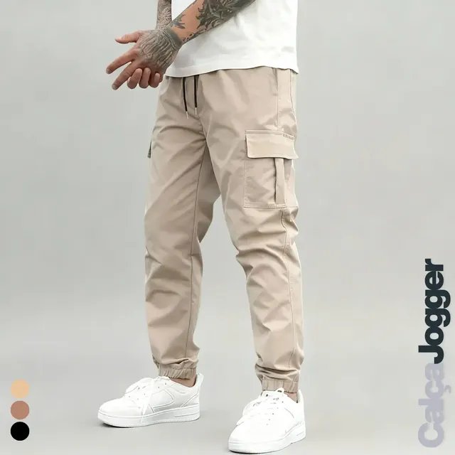 ⚫️ Calça Jogger Cargo Masculina Sarja Calca Streetwear Punho