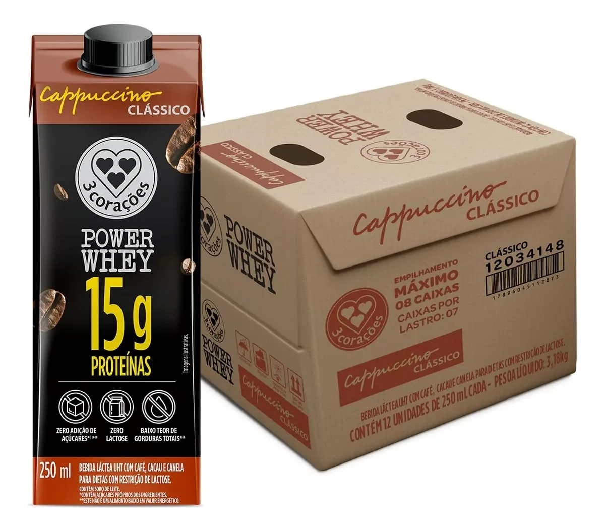 3 Corações Bebida Láctea Cappuccino Power Whey Clássico 15g de Proteína com Cafeína 250ml - 12…