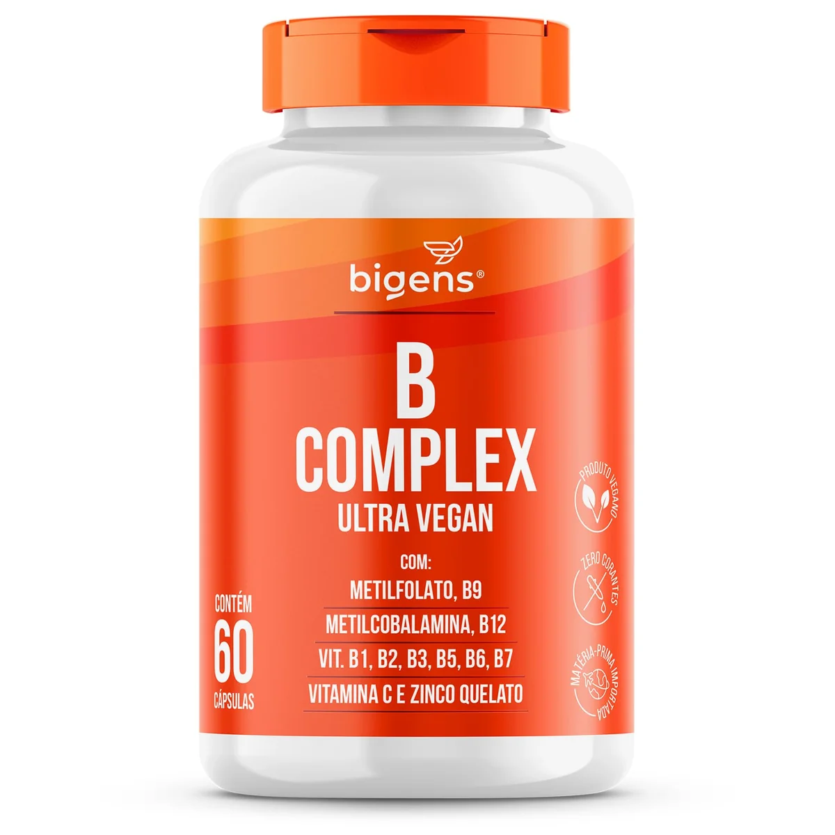 Vitaminas do Complexo B, Vegano, MetilFolato, Metil B12, B1, B2, B3, B5, B6, B7, C, Zinco, 60 capsulas, Bigens | Vegano, MetilFolato, Metil B12, Contém Vitamina C e Zinco