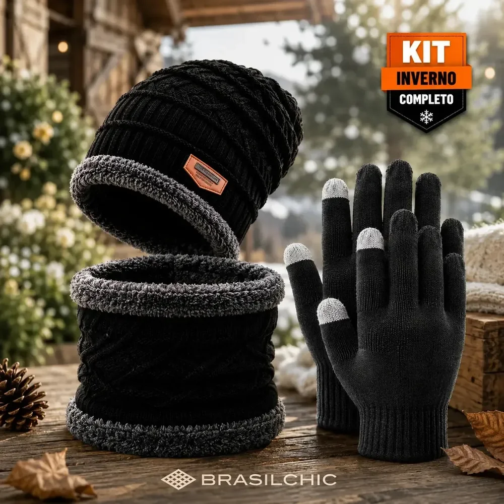 Kit Inverno Touca Gorro Forrado + Gola Térmica + Luva Touch Celular Unissex